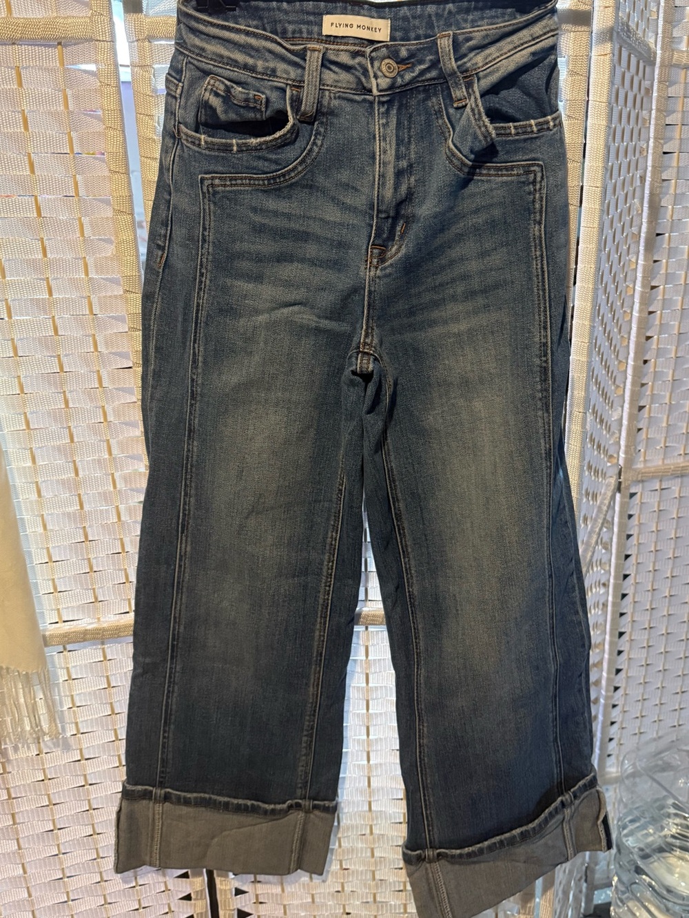 Flying Monkey Wide Leg Cuffed Jeans in Washed Blue
